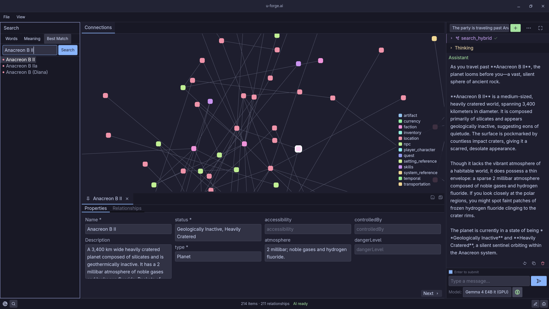 Universe Forge showing keyword and hybrid search, a connected world graph, object properties, and an AI assistant